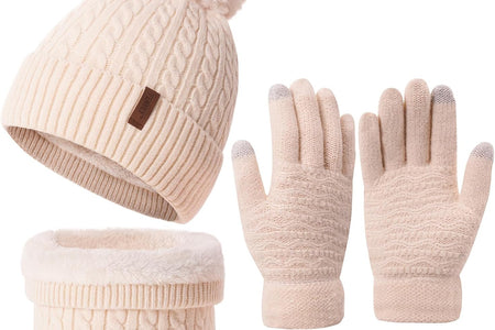 3Pcs Winter Women Beanie Hat Scarf and Touch Screen Gloves Sets Girls Classic Knit Warm Chunky Fleece Lined Cable Cap