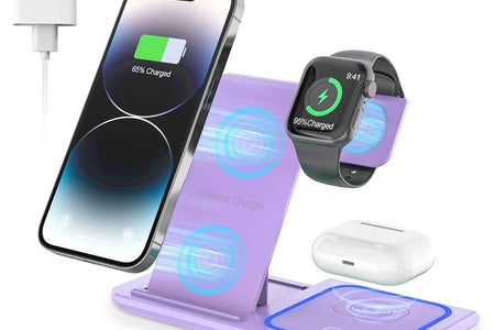 Wireless Charging Station, 3 in 1 Wireless Charger for Iphone 17/16/15/14/13/12/11/Pro/Pro Max/Xs, 18W Charging Dock for Iwatch Series 11 10 9 8 7 6 5 4 3 2, Airpods 4/3/2/Pro(Purple)