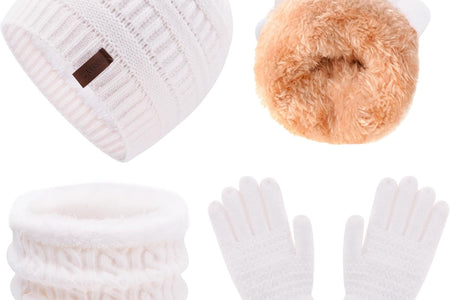 3Pcs Kids Winter Beanie Hat Scarf Gloves Set for 2-6-10-14 Years Old Boys Girls, Knit Thick Warm Fleece Lined Thermal Sets
